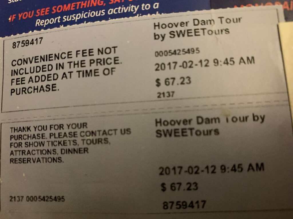 Dam ticket for Hoover Dam.