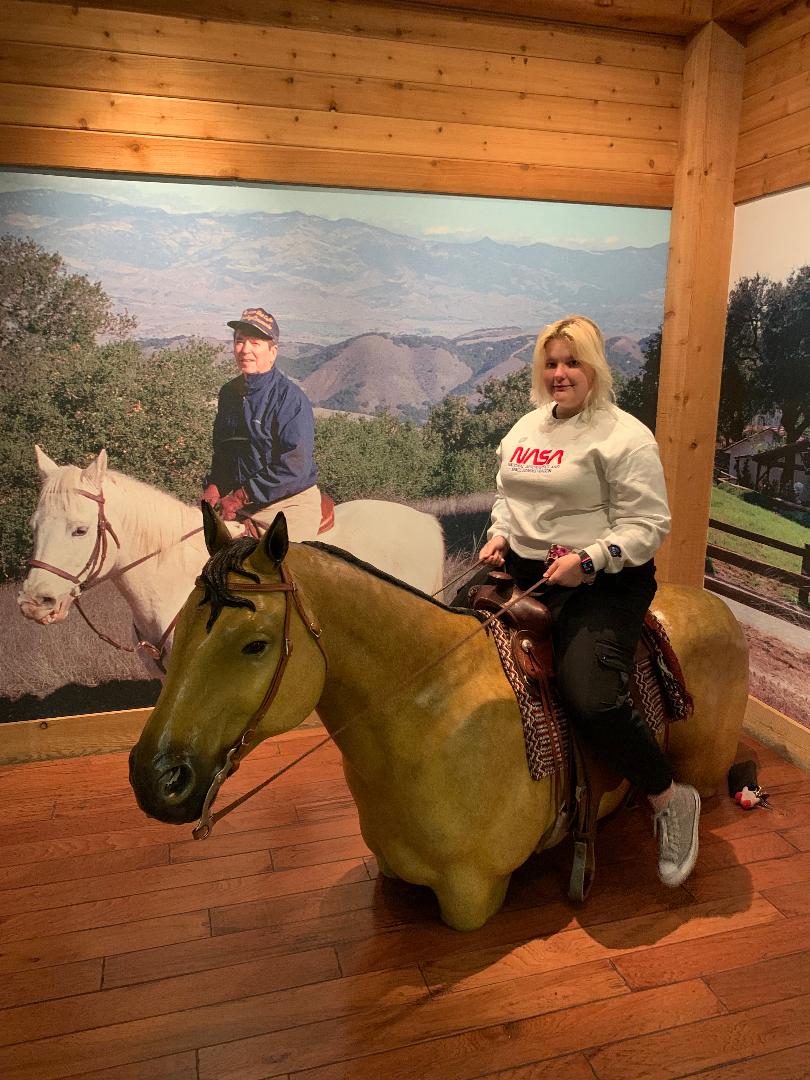 Maureen on a horse in Reagan Library
