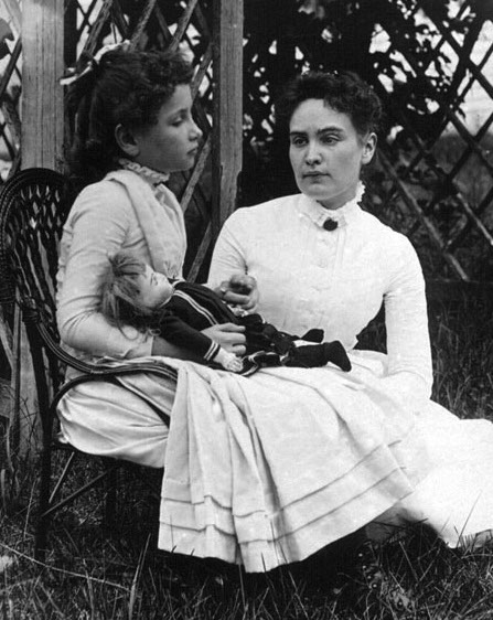 Helen Keller with Anne Sullivan in July 1888.